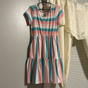 pink white and blue dress